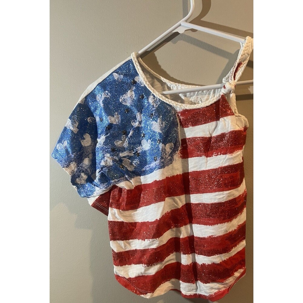 JUSTICE T-SHIRT OFF THE SHOULDER SIZE  12 AMERICAN FLAG SHIMMERING SUPER CUTE!!